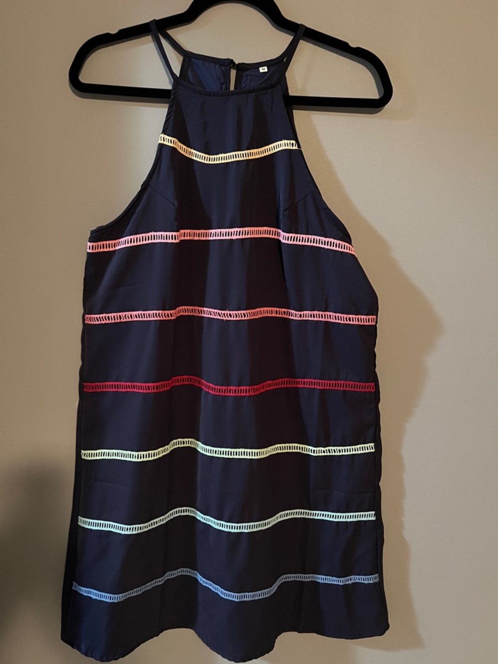 Navy blue dress with multi color stripe